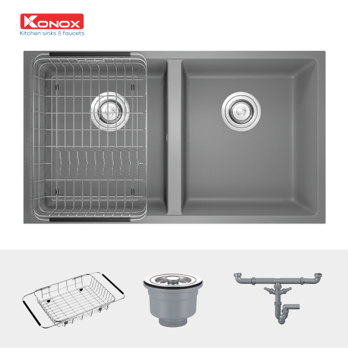 Chậu rửa chén đá Konox Veloci 760D Grey 2 hố